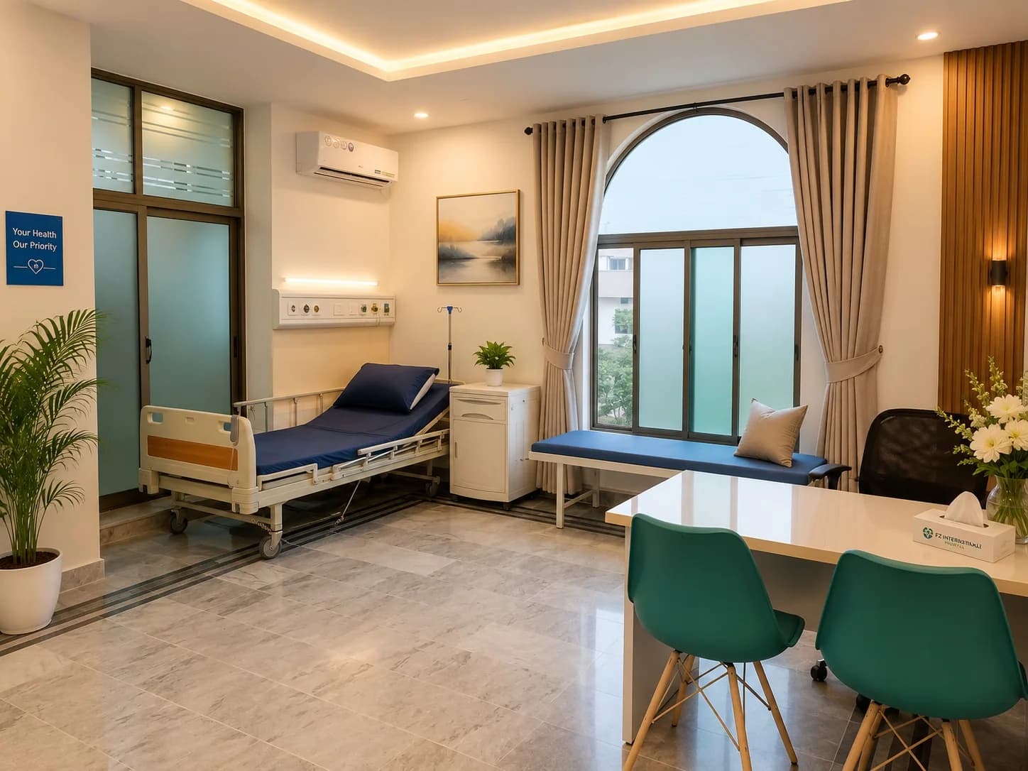 Example air-conditioned inpatient ward room at FZ International Hospital